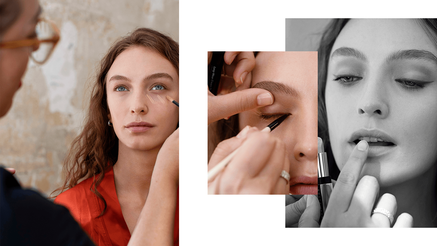 Image containing collage of bridal makeup close ups, including eye makeup, brow and lipstick application by an artist